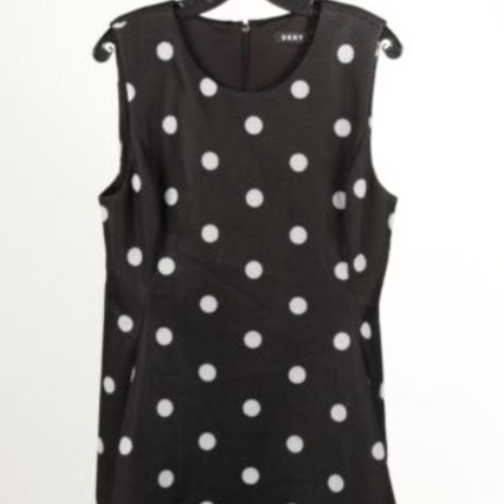 EUC DKNY Black White Polka Dots Women's Sleeveless Crew Neck Midi Sheath Dress